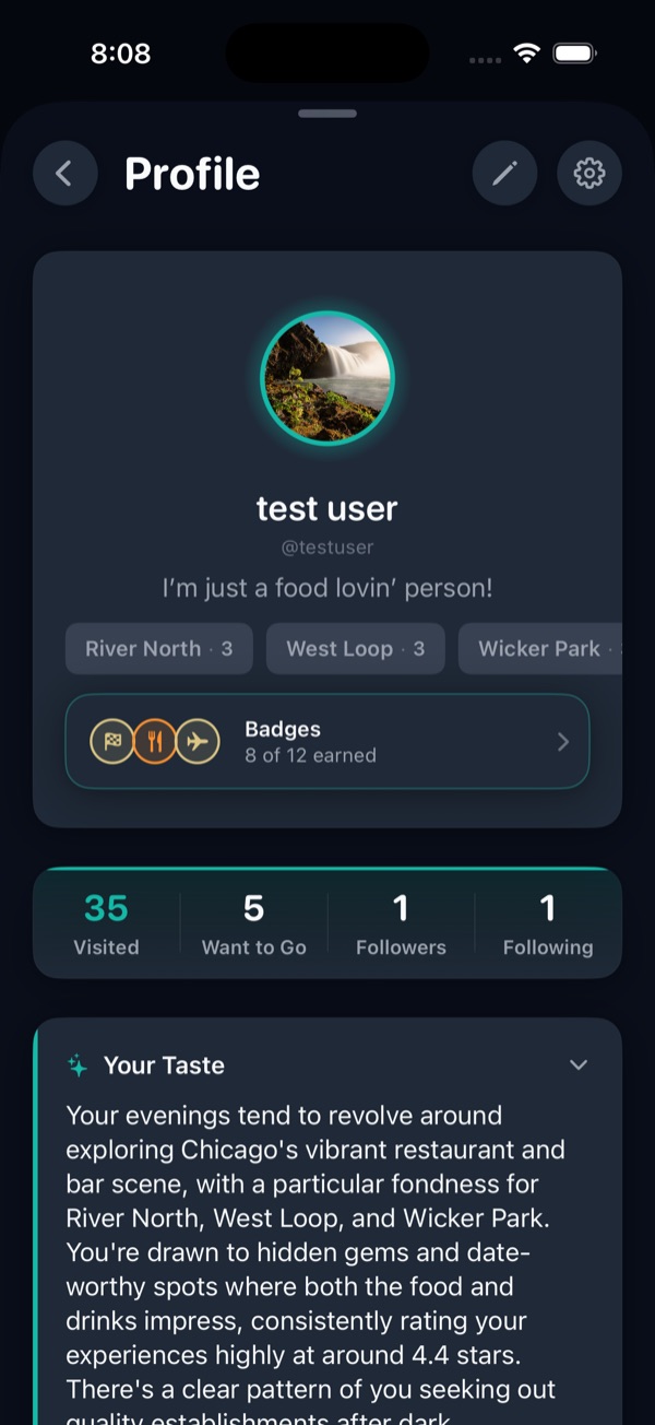 roaml profile screen with visited and want-to-go stats